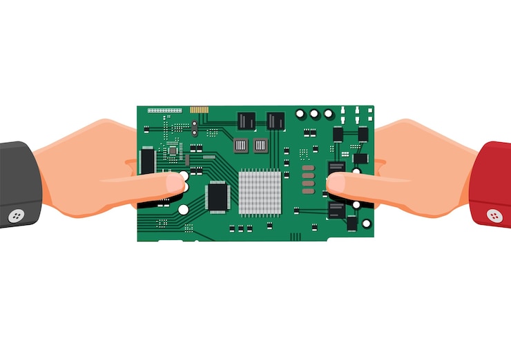 Vector buyer hand and cpu microchip