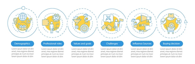 Buyer persona vector infographic template. Business presentation design elements. Data visualization with 6 steps and options. Process timeline chart. Workflow layout with linear icons