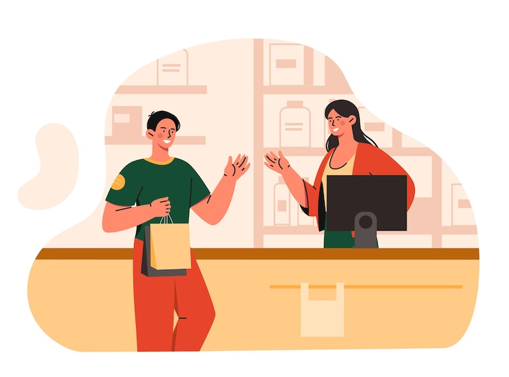 Vector buyer with seller concept man near cashier buy goods customer and client in market or store commerce