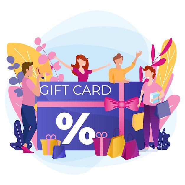 Buyers receive a gift card Cheerful people are happy to discount a coupon or voucher Loyalty program and sale bonuses Promotion concepts