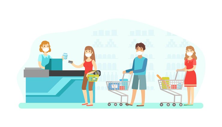 Вектор покупатели, носящие медицинские маски, соблюдают безопасное расстояние в супермаркетах социальное дистанцирование и профилактика вируса плоская векторная иллюстрация