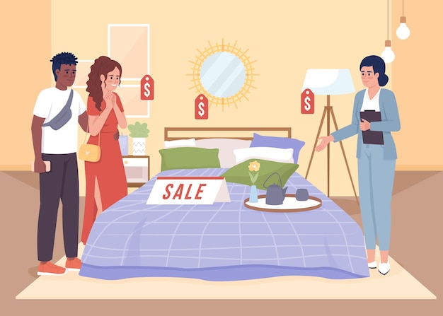 Buying bed flat color vector illustration