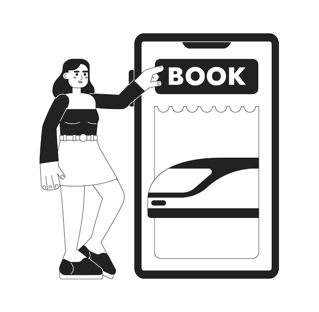 Vector buying cheap train ticket over phone monochrome concept vector spot illustration