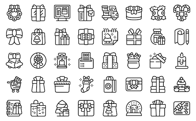 Buying christmas gifts icons set outline vector box price