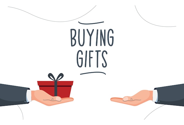 Buying gifts. Hand gives a gift to hand. Hands exchanging gifts. Vector illustration in modern style. Vector banner
