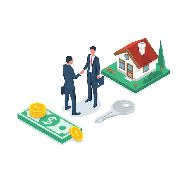 Vector buying house. real estate deal, shake hands. exchange of money at home. purchase home. vector illustration 3d isometric design.