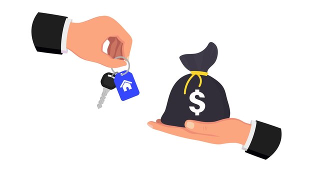 Buying a house Sale and purchase house Loan for property Sale and rent of apartment Trading Agreement Hand giving house keys to customer Hand gives money Mortgage credit or property concept