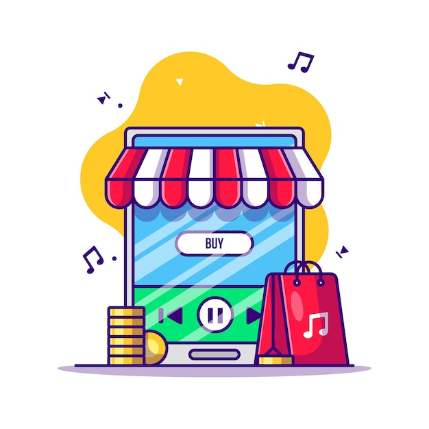 Buying music on mobile smartphone cartoon illustration