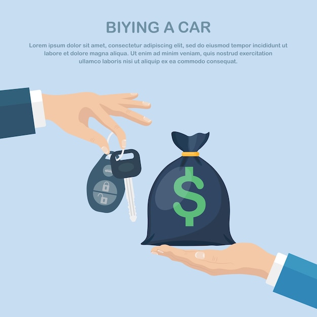 Buying new car. Rental or sale concept. Hand holding key and money bag. Shopping. Dealership. Sell automobile. illustration. Flat style