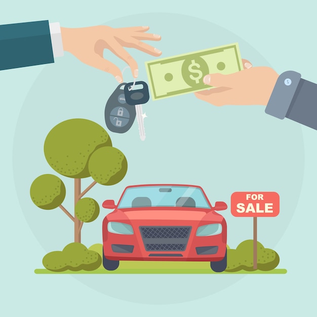 Vector buying new car. rental or sale concept. hand holding key and money.