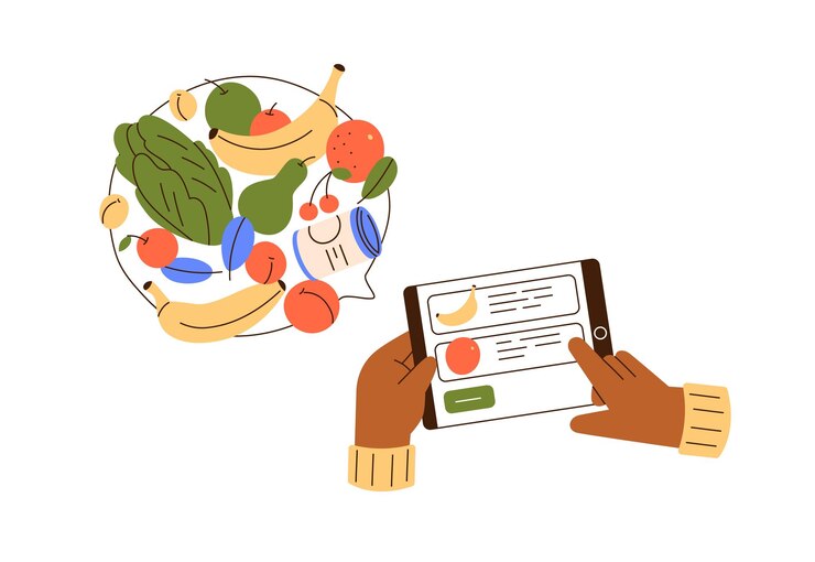 Vector buying, ordering groceries via internet. hands with tablet pc screen choosing food, shopping in supermarket online through web-site. flat graphic vector illustration isolated on white background.