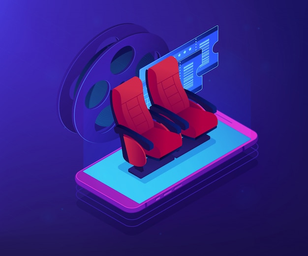 Buying tickets online isometric 3D concept illustration.