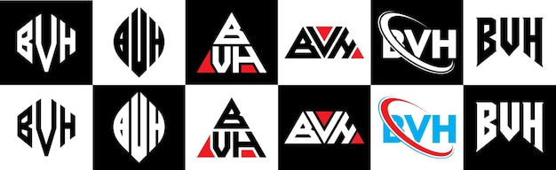 Vettore design del logo delle lettere bvh in sei stili bvh poligono cerchio triangolo esagono piatto e semplice stile con variazione di colore bianco e nero logo delle lettere impostato in un artboard bvh logo minimalista e classico