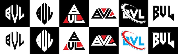 ベクトル ブラック・アンド・ホワイト・カラー・バリエーション・レター・ロゴ (blvl) のデザインは6つのスタイルで構成されています多角形円三角形六角形平らでシンプルなスタイルで黒と白の色のバリエーションの文字のロゴが1つのアートボードにセットされていますblvlのミニマリストとクラシック