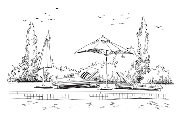 By the pool. black and white quirky sketch of sunbeds by the pool