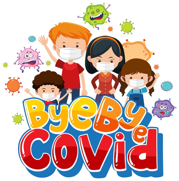 Bye bye covid-lettertype met veel kinderen die een masker dragen