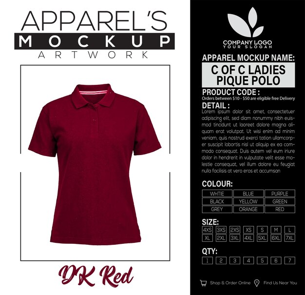 Vector c of c ladies pique polo dk red apparel mockup artwork design