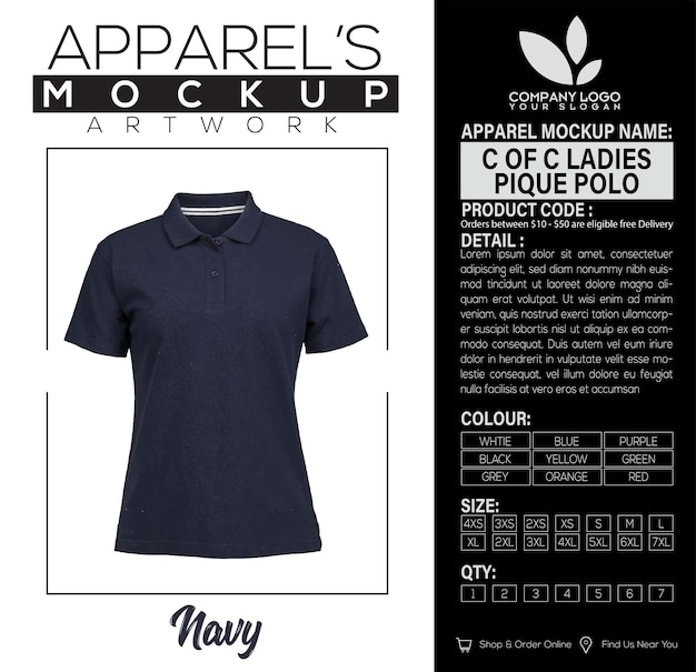 Vector c of c ladies pique polo navy apparel mockup artwork design