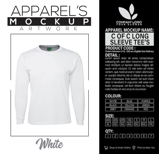 Vector c of c long sleeve tee white apparel mockup artwork