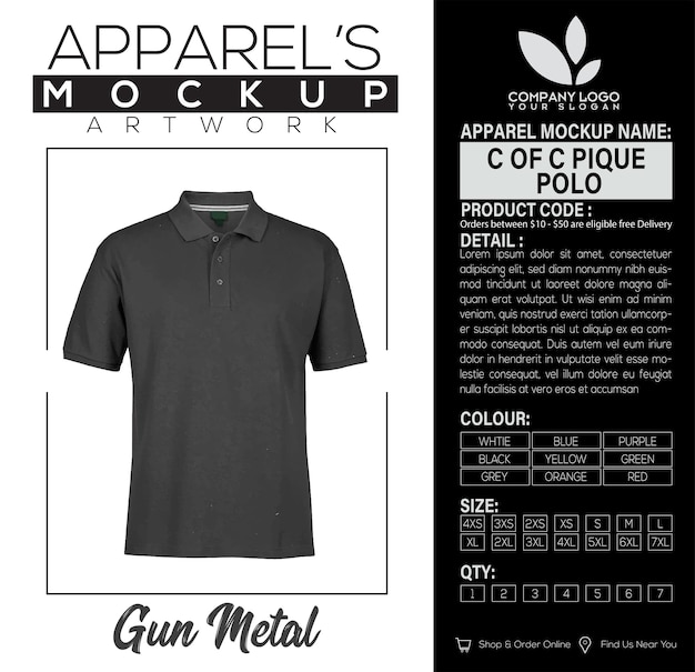 C of c pique polo gun mockup di abbigliamento metallico design di opere d'arte