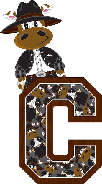 Vector c is for cow cowboy outlaw wild west alphabet learning educational illustration