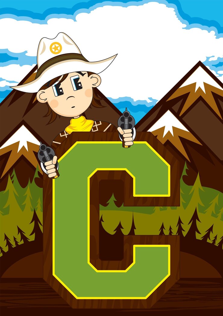 Vector c is for cowboy cowgirl wild west alphabet learning educational illustration