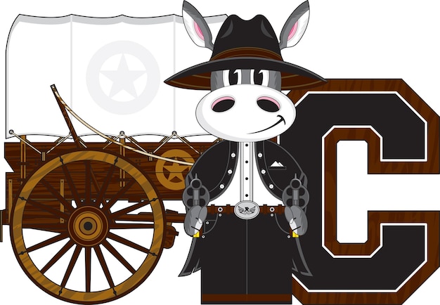 Vector c is for cowboy donkey and wagon wild west alphabet learning educational illustration