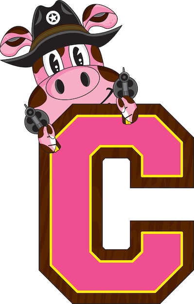 C는 카우보이 돼지 와일드 웨스트 알파벳 학습 교육 일러스트레이션입니다.