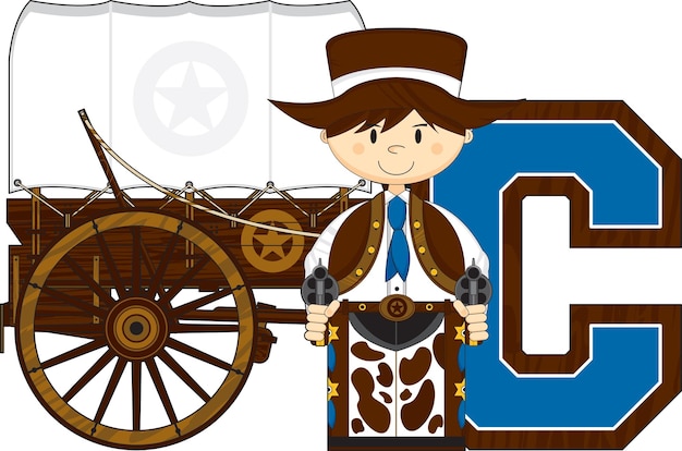 Vector c is for cowboy and wagon wild west alphabet learning educational illustration