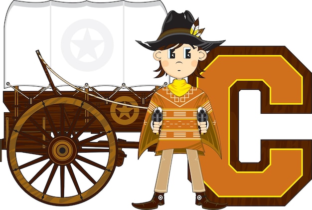 C is for Cowboy and Wagon Wild West Alphabet Learning Educational Illustration