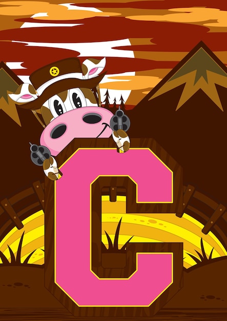 C для cow cowboy wild west alphabet learning educational illustration