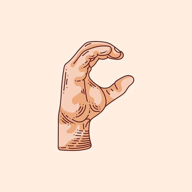 Логотип буквы C в глухонемом алфавите жестов рук. Ручная рисованная векторная иллюстрация, изолированная на коричневом цвете.