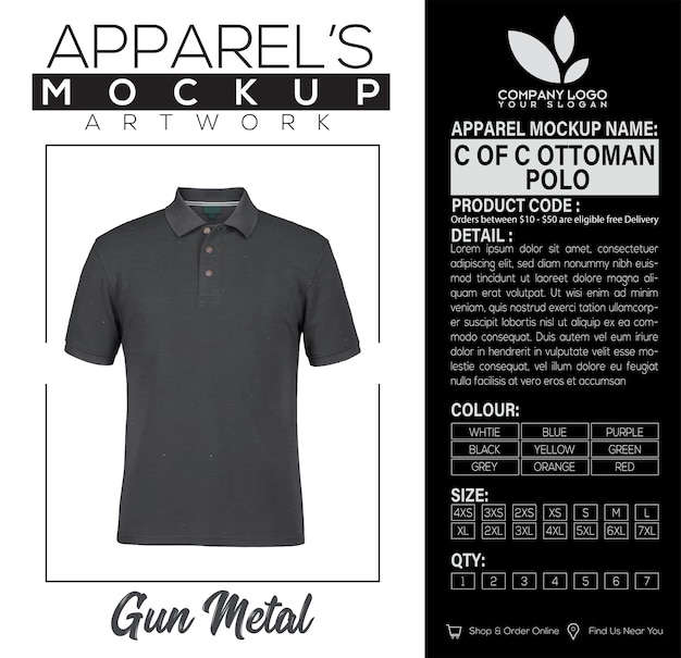 Vector c of c ottomaanse polo gunmetal apparel mockup artwork design