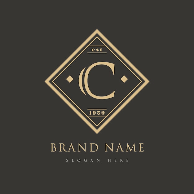 C logo vintage con colori dorati di lusso