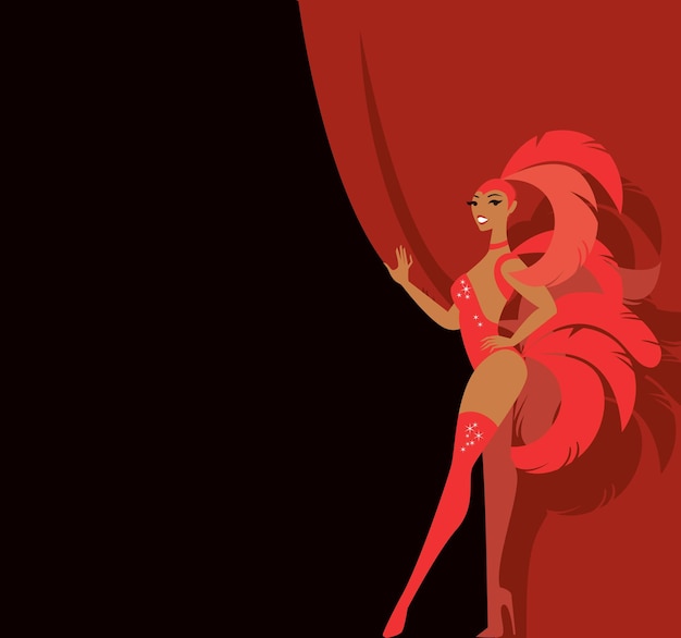 Cabaret showgirl dancer holding red curtain on the theater stage