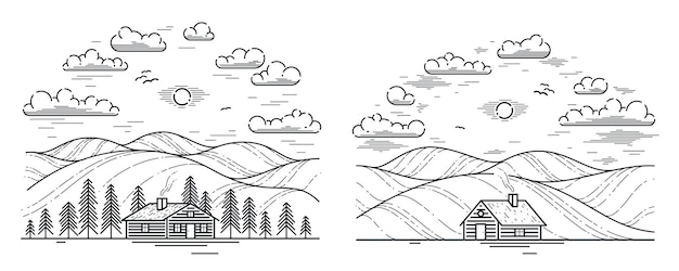 ベクトル 草原と牧草地のキャビン線形ベクトル自然イラスト白、残り、休日や休暇のテーマ ライン アートの描画、自然の美しさ、woodhouse の松林の丸太小屋のコテージに分離