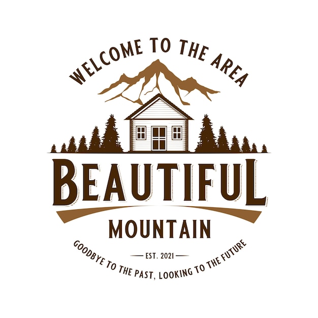 cabin logo vector graphic with pines and mountain for any business