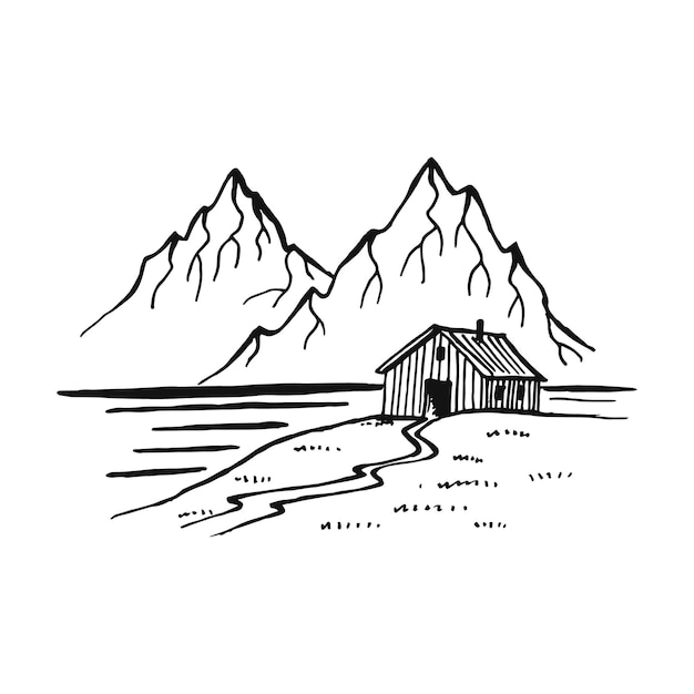 Cabina in montagna. paesaggio nero su sfondo bianco. picchi rocciosi disegnati a mano nello stile di abbozzo. illustrazione vettoriale.