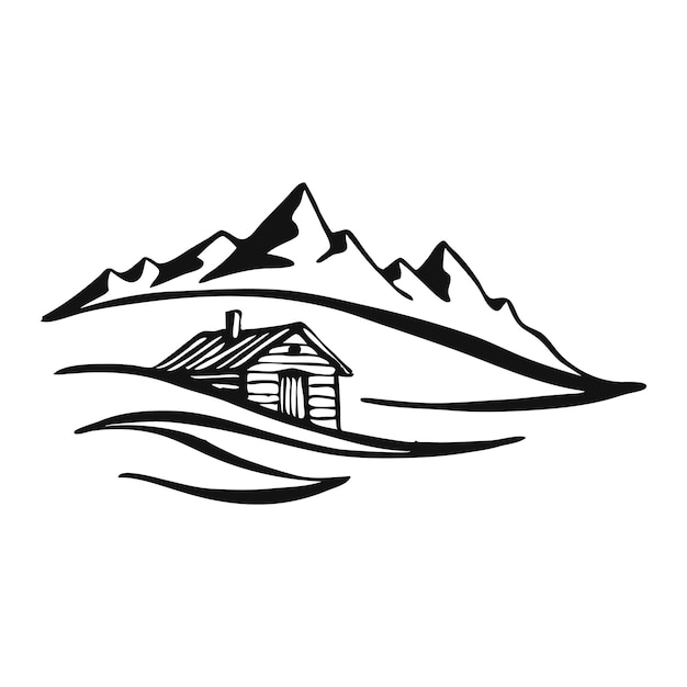 Vector cabin in mountains. landscape black on white background. hand drawn rocky peaks in sketch style. vector illustration.