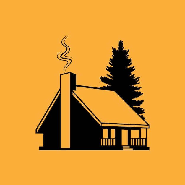 A cabin with a chimney and a tree on the top