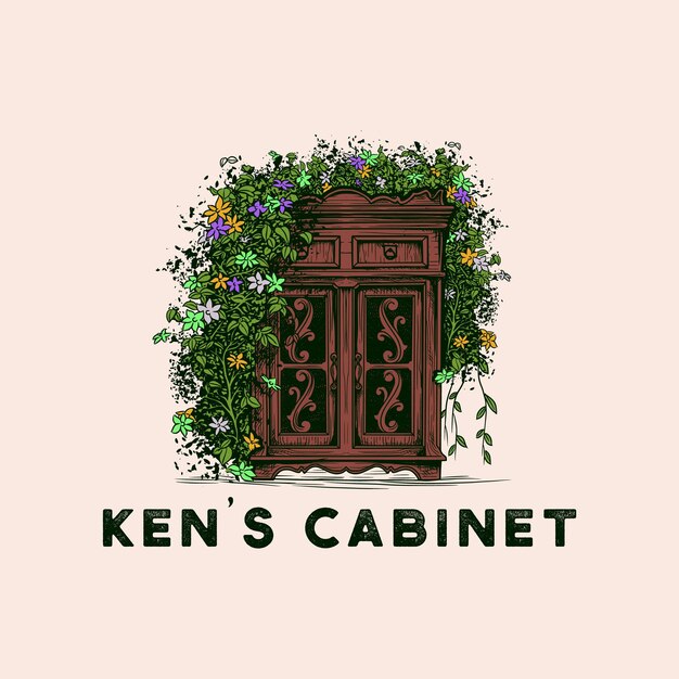 Vector cabinet hand drawn logo vintage with flower around it