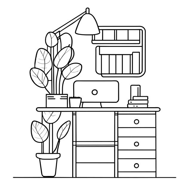 벡터 컴퓨터와 매달린 식물 펜과 책이 있는 캐비닛 손으로 그린 개념 격리된 그림