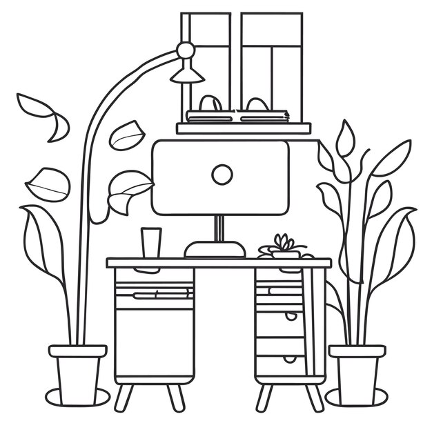 Шкаф с компьютером и висячими растениями, ручка и книги, нарисованная вручную концепция, изолированная иллюстрация