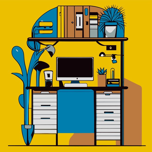 Cabinet with computer and hanging plants pen and books hand drawn concept isolated illustration