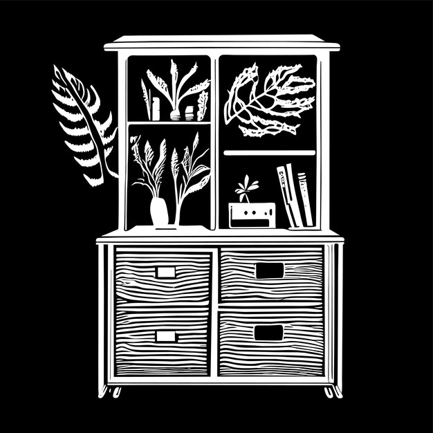 Vector cabinet with computer and hanging plants pen and books hand drawn concept isolated illustration