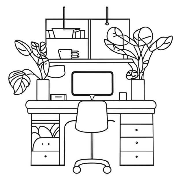 Cabinet with computer and hanging plants pen and books hand drawn concept isolated illustration