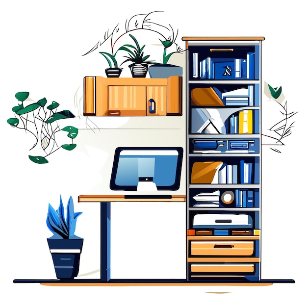 Cabinet with computer and hanging plants pen and books hand drawn concept isolated illustration