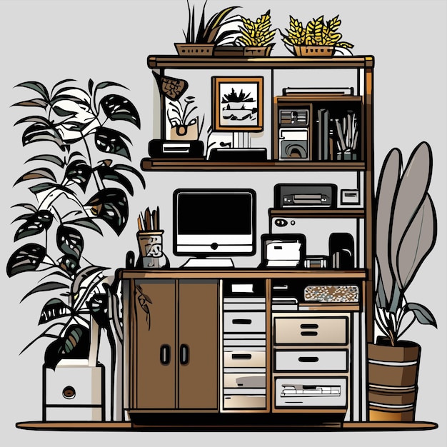 Шкаф с компьютером и висячими растениями, ручка и книги, нарисованная вручную концепция, изолированная иллюстрация