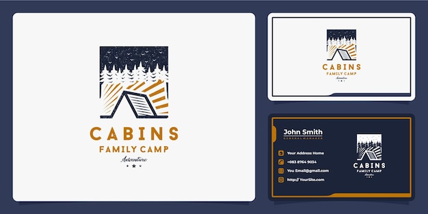 Cabins family camp adventure in forest logo design and business card