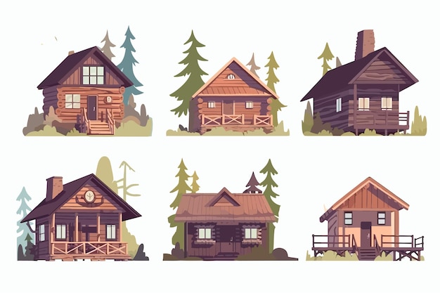 ベクトル 森山村または白い背景ベクトル漫画イラストに分離されたキャンプで木造住宅をキャビンします。